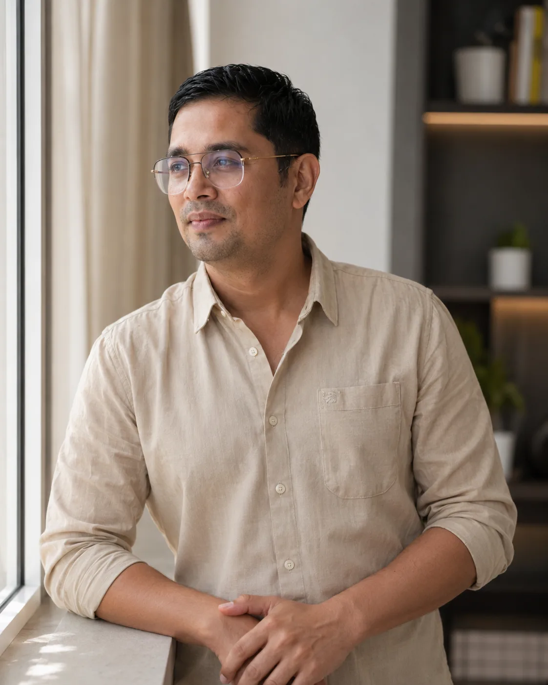 Awanish standing at a window, mid-thought