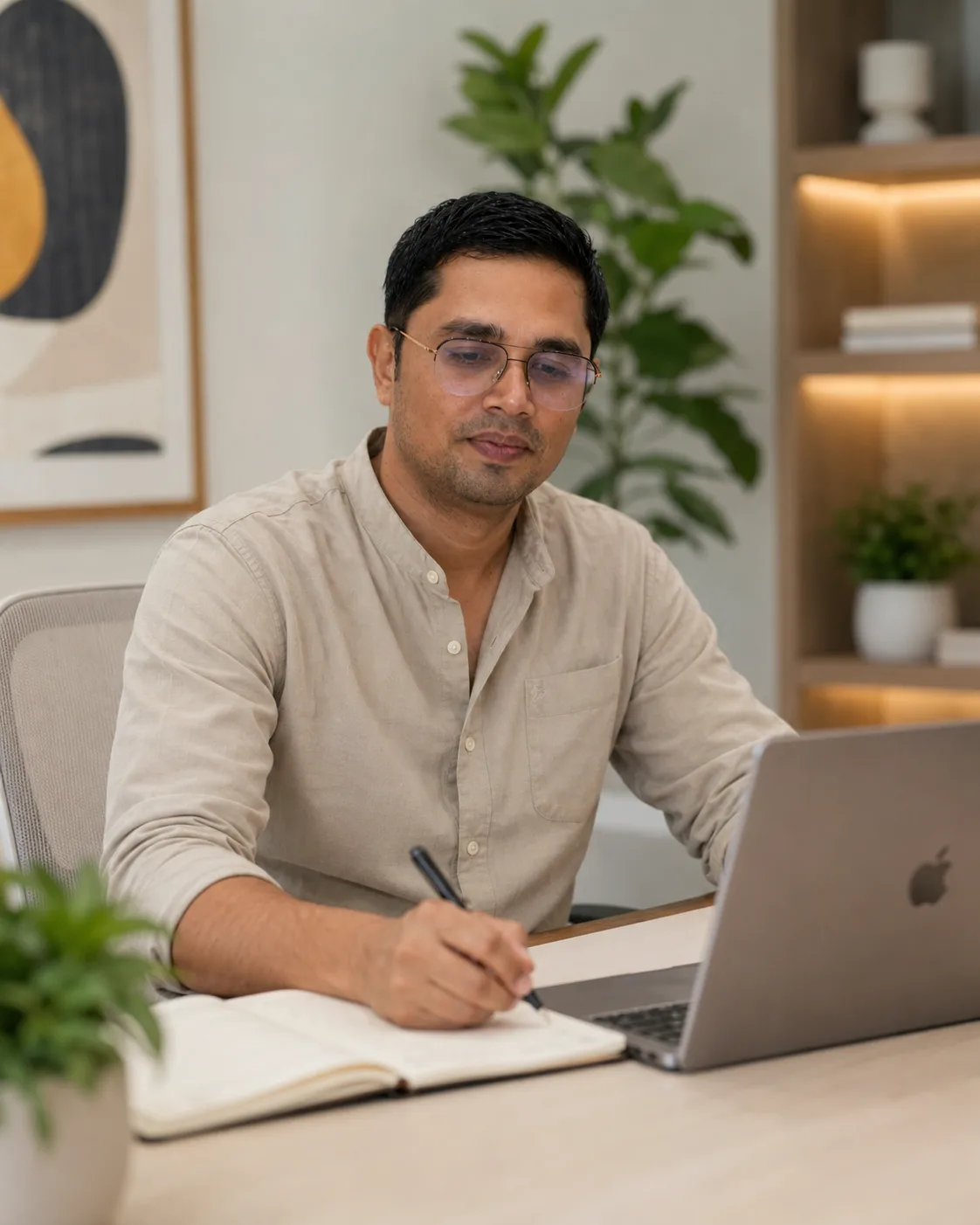Awanish writing in a notebook beside an open laptop